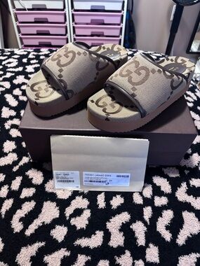 Gucci Brown Monogram Platform Slide Sandals